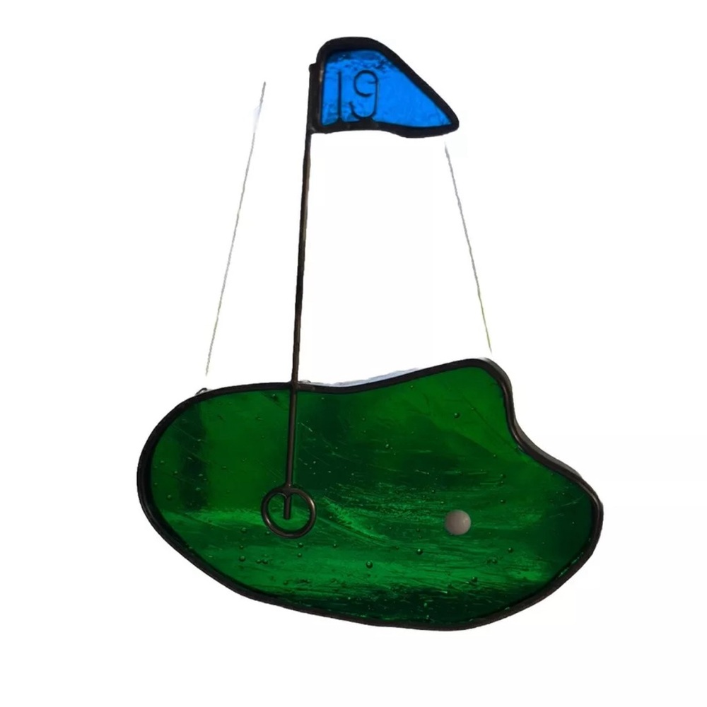 Vintage Stained Glass Golf 19th Hole With 3D Ball Sun Catcher Window Art